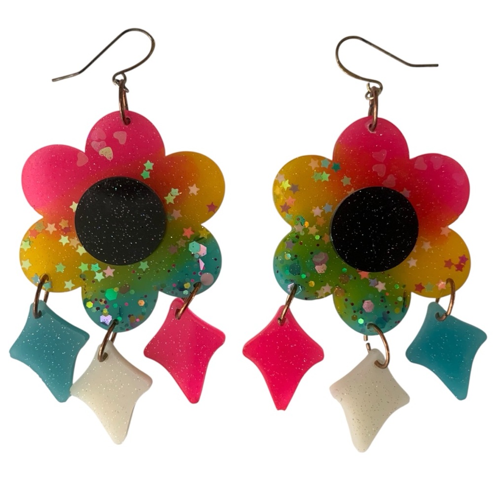 Sparkle Rainbow Flower Drop Dangle Earrings